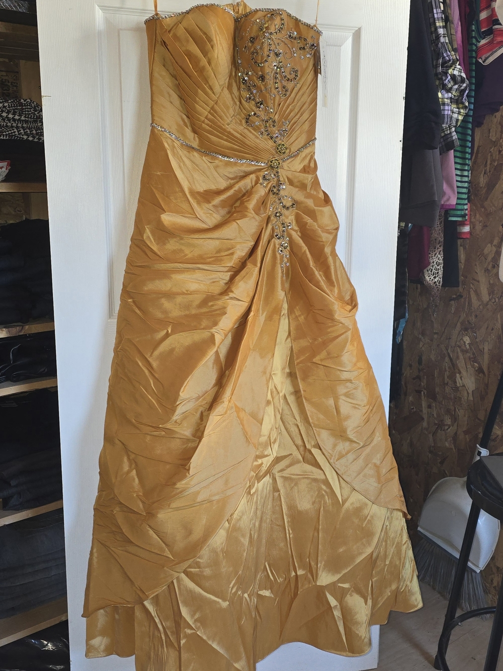 Golden Strapless Prom Gown with Beaded Bodice